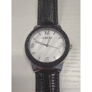 Honora Watch 1.00 Ct Black Spinel Bezel Leather 38mm Fits 7 -9" New Battery